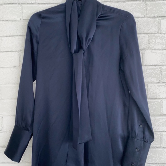 NILI LOTAN $990 Silk Navy Blue Tie Neck Mini Shirt Dress Small EUC - Picture 3 of 16
